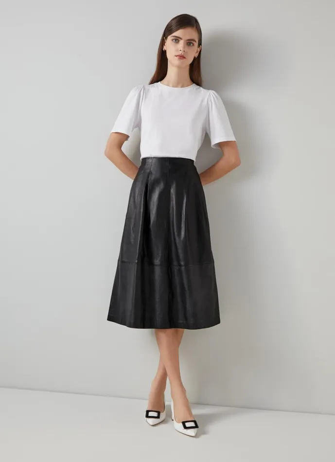 Women Skirts LKBennett Farrow Black Leather ALine Skirt Black