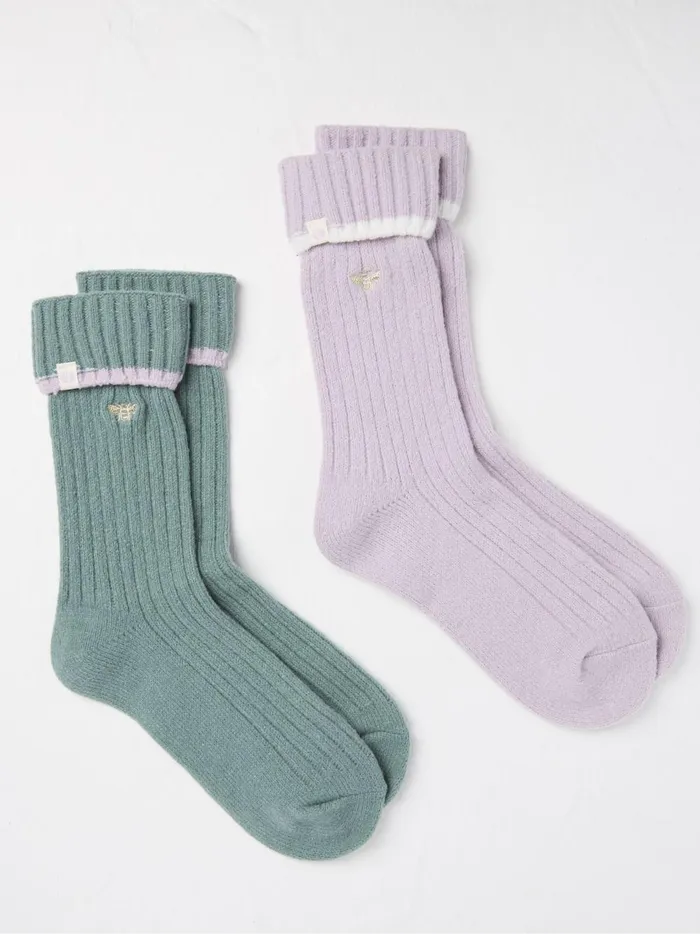 Women Socks and Tights Fat Face Green 2 Pairs Of Bee Embroidered Cosy Socks