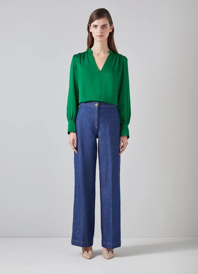 Women Tops LKBennett Selina Green Collarless Blouse Green