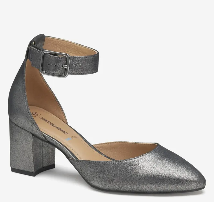 Women Vicki Ankle Strap Pewter Metallic Kid Suede JohnstonandMurphy Heels and Platform Wedges