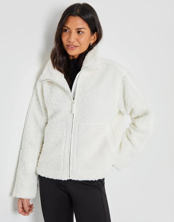 Women White Funnel Neck ZipUp Borg Fleece Threadbare Jackets