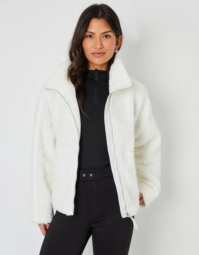 Women White Funnel Neck ZipUp Borg Fleece Threadbare Jackets Women White Funnel Neck ZipUp Borg Fleece Threadbare Jackets