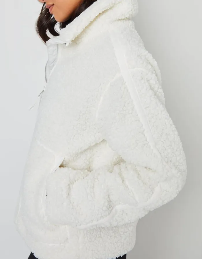 Women White Funnel Neck ZipUp Borg Fleece Threadbare Jackets Women White Funnel Neck ZipUp Borg Fleece Threadbare Jackets